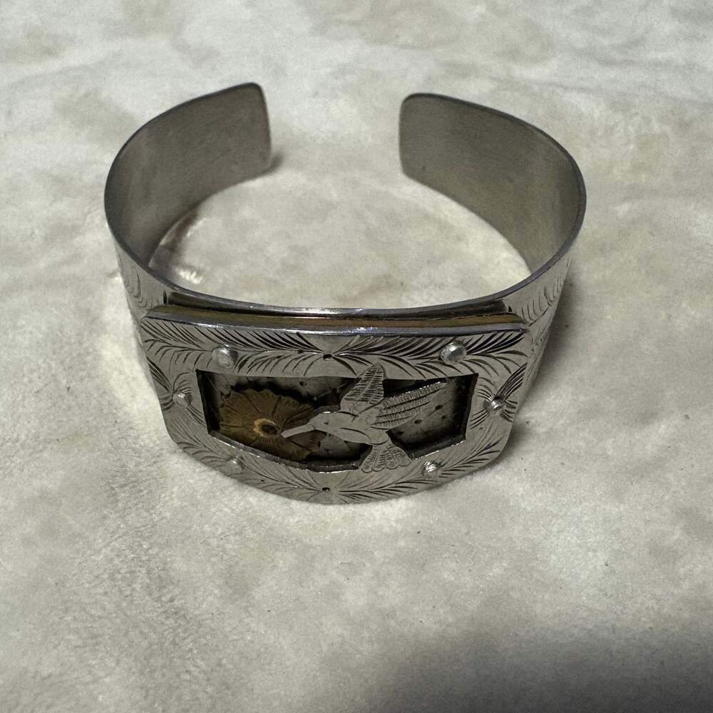 Vintage hummingbird Watch Cuff Bracelet silver tone